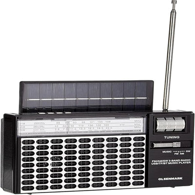Olsenmark OMR1276 Portable Rechargeable Retro Radio with Bluetooth, USB, TF & Karaoke – 3-Band | Solar Charging | Black