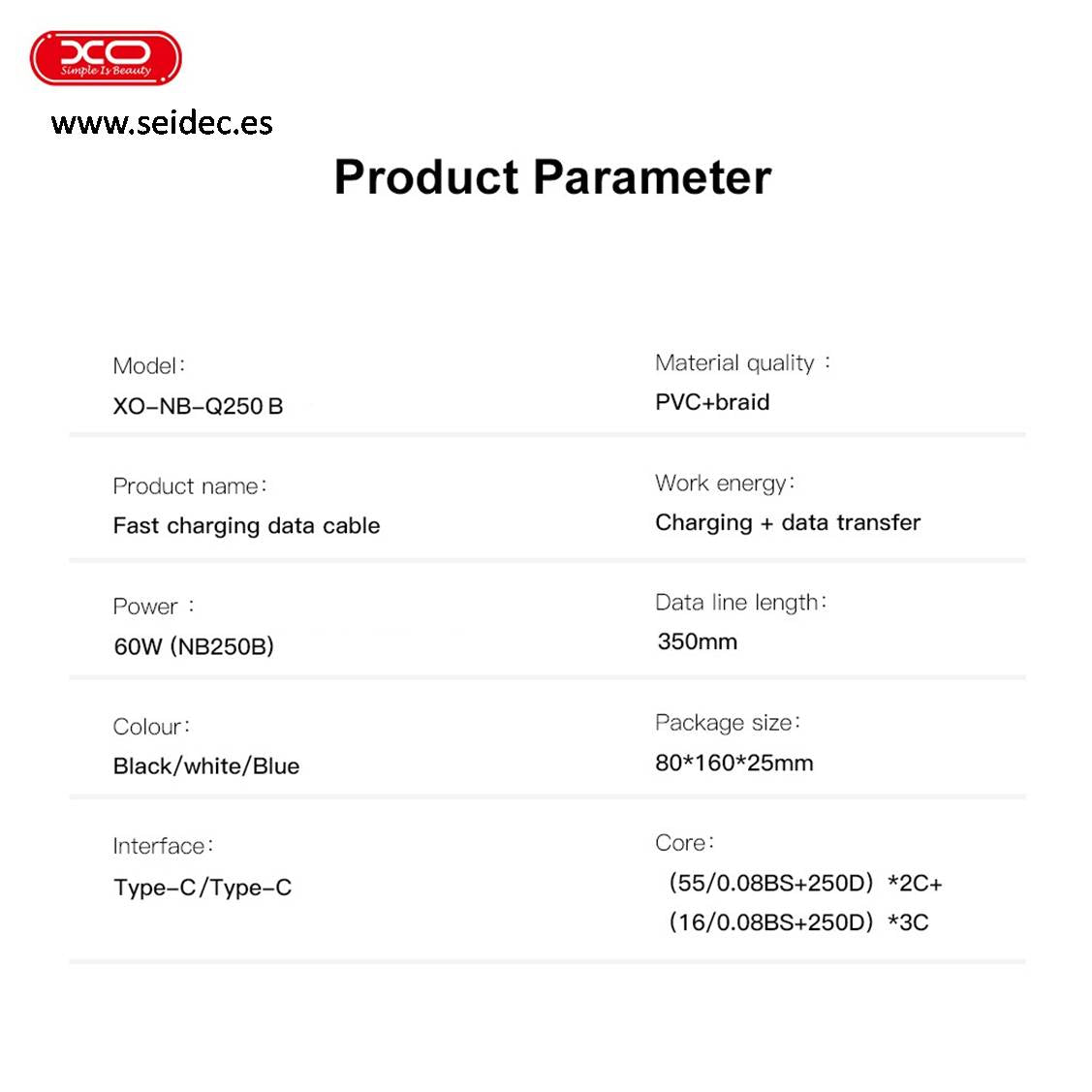 XO NB-Q250 Cable 60W PD – USB-C to USB-C Fast Charging XO NB-Q250 Cable 60W PD – USB-C to USB-C Fast Charging