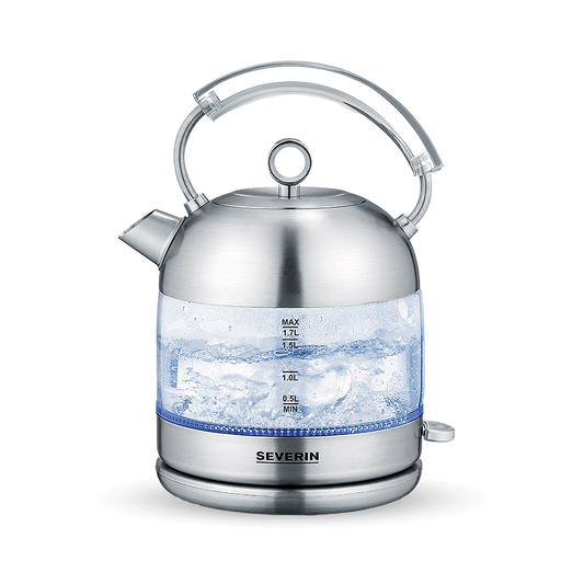 Severin Retro Glass Kettle – 2400W, 1.7L, Elegant Blue Light