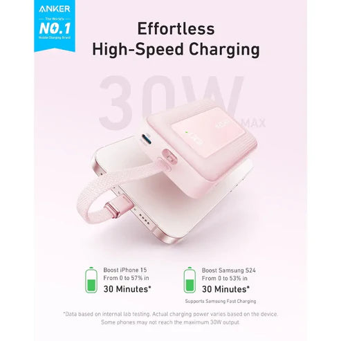 أنكر زولو 10000mAh - شحن سريع 30W، كابل USB-C مدمج