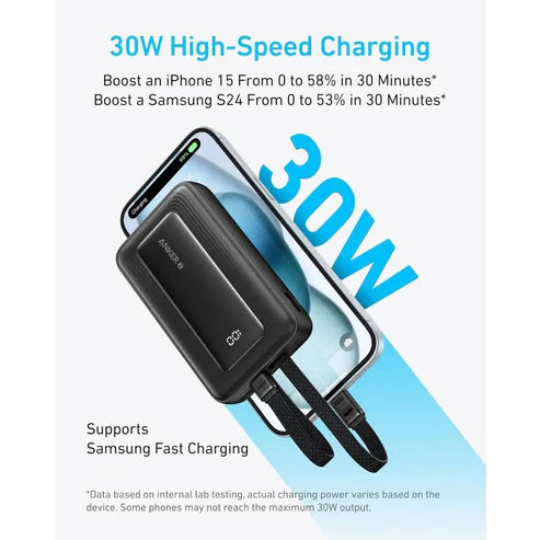 أنكر زولو 10000mAh - شاحن سريع 30W بكابلات مدمجة (USB-C و Lightning)