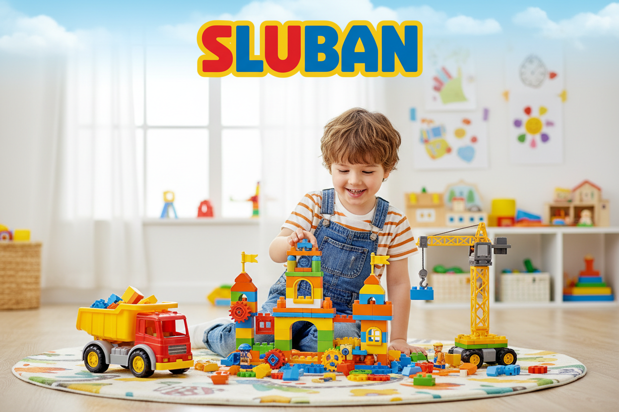 صورة طفل والعاب واكتب اسك SLUBAN فوق التصيمم