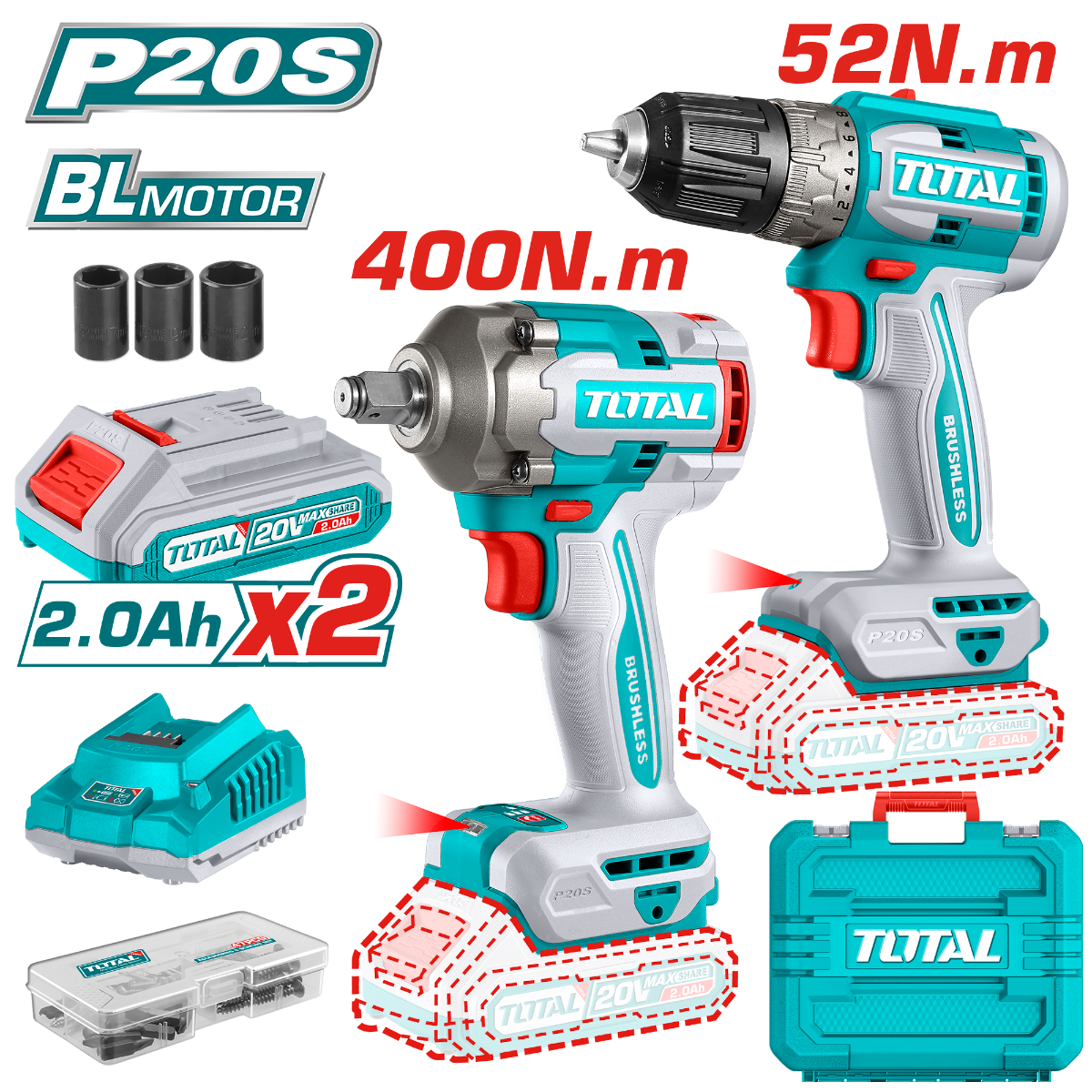 TOTAL 20V Cordless 2 in 1 Combo Kit - Drill & Impact Wrench