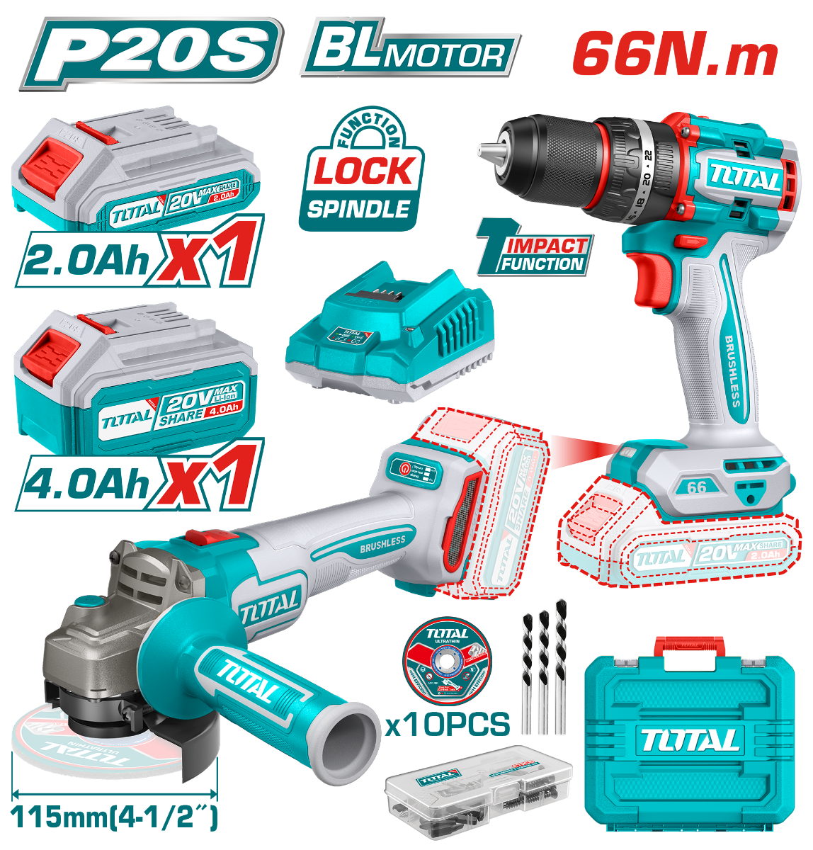 TOTAL 20V Cordless 2-in-1 Combo Kit - Impact Drill & Grinder