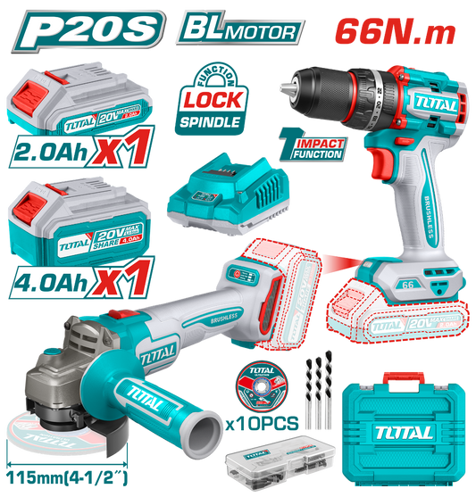 TOTAL 20V Cordless 2-in-1 Combo Kit - Impact Drill & Grinder