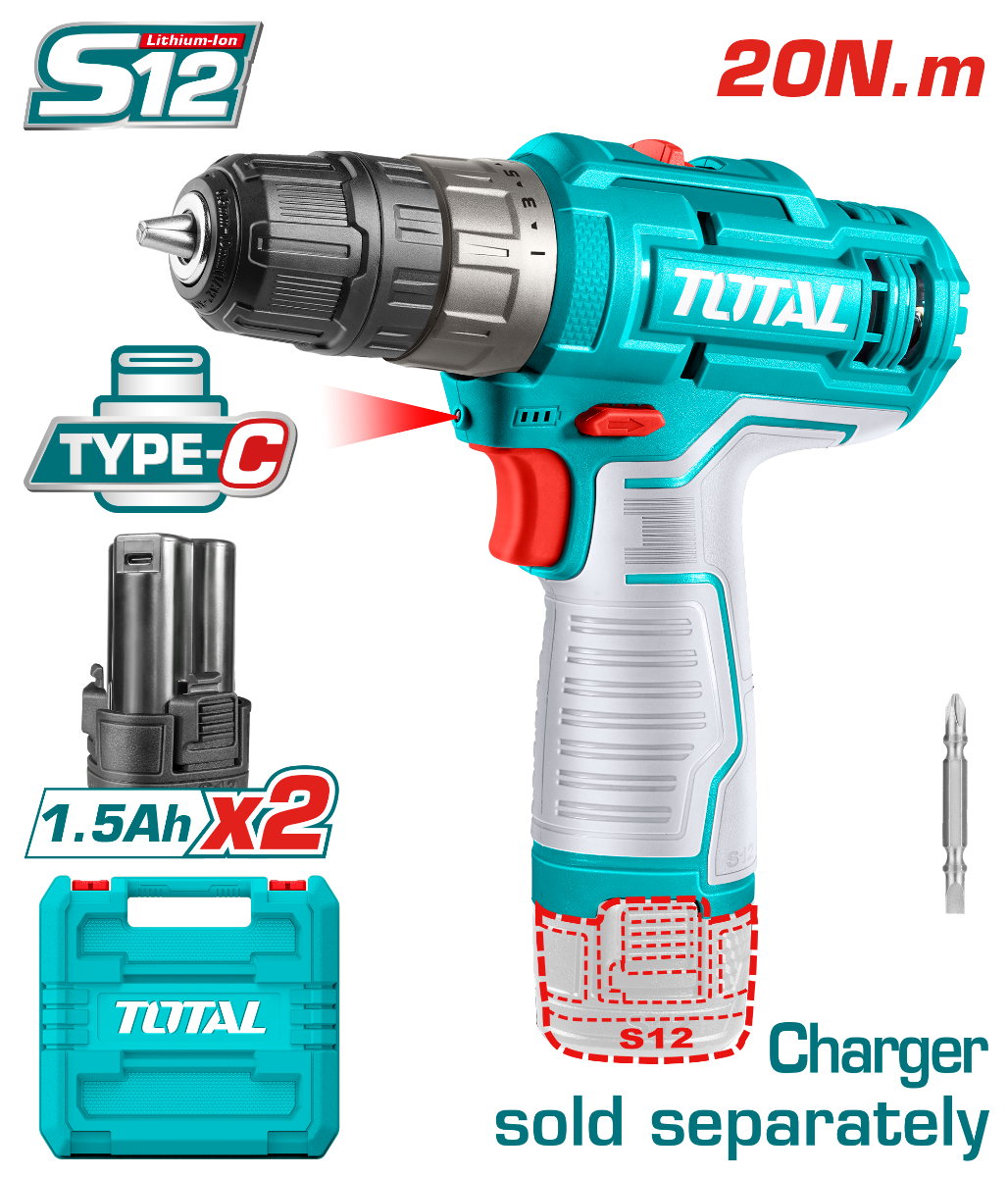 TOTAL 12V Cordless Drill - 20Nm Torque 2 Batteries No Charger TOTAL 12V Cordless Drill - 20Nm Torque 2 Batteries No Charger