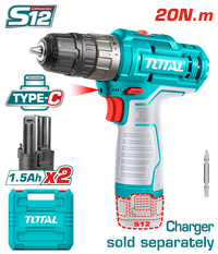 TOTAL 12V Cordless Drill - 20Nm Torque 2 Batteries No Charger