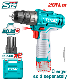 TOTAL 12V Cordless Drill - 20Nm Torque 2 Batteries No Charger