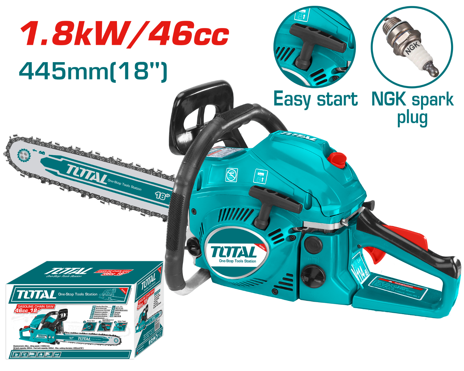 TOTAL Gasoline Chain Saw 18KW 46cc (TG5451811) – Powerful & Efficient