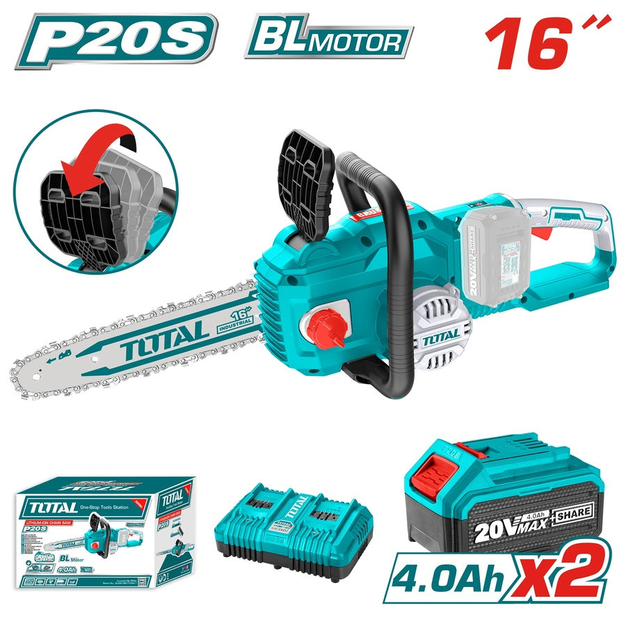 Total 16-Inch Chainsaw 20V with 2 Batteries and Charger – Powerful Performance Total 16-Inch Chainsaw 20V with 2 Batteries and Charger – Powerful Performance