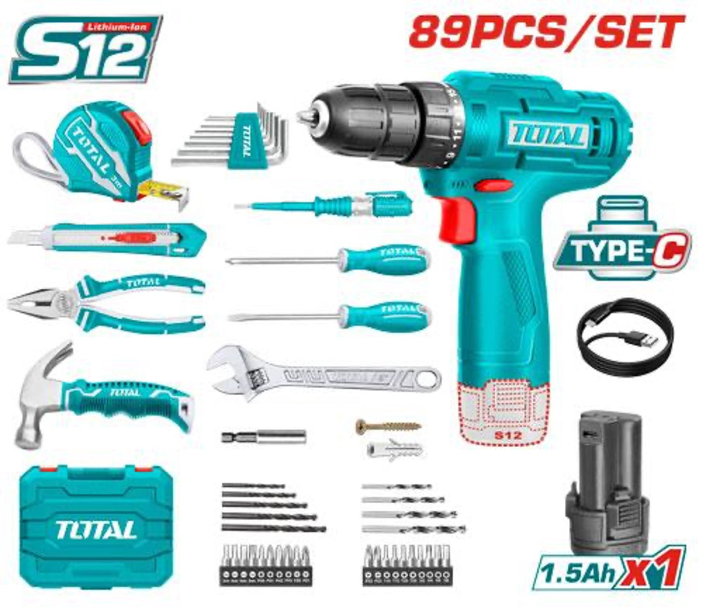 TOTAL 89 Piece Tool Set 12V Cordless Drill & Full Accessories