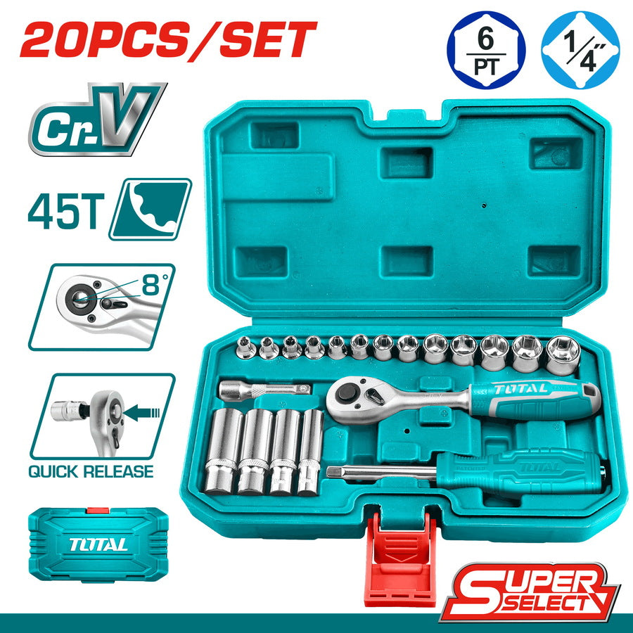 1/4” Ratchet Box Set | 20-Piece by Total (THT141201) 1/4” Ratchet Box Set | 20-Piece by Total (THT141201)