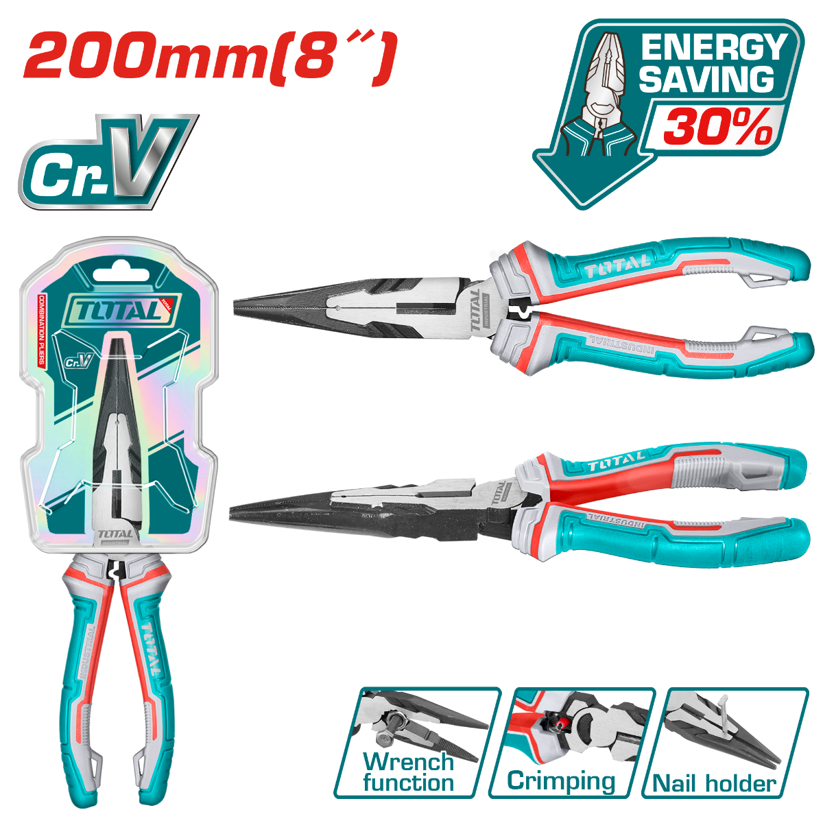 TOTAL 8″ High Leverage Long Nose Pliers Cr-V Grip TOTAL 8″ High Leverage Long Nose Pliers Cr-V Grip