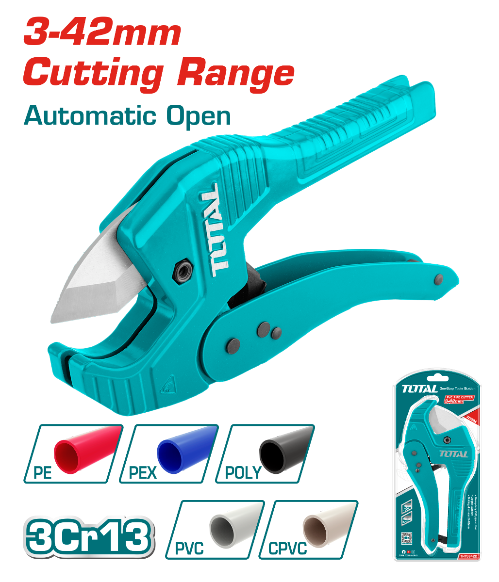 TOTAL PVC Pipe Cutter 3–42mm | Durable Aluminum Body TOTAL PVC Pipe Cutter 3–42mm | Durable Aluminum Body