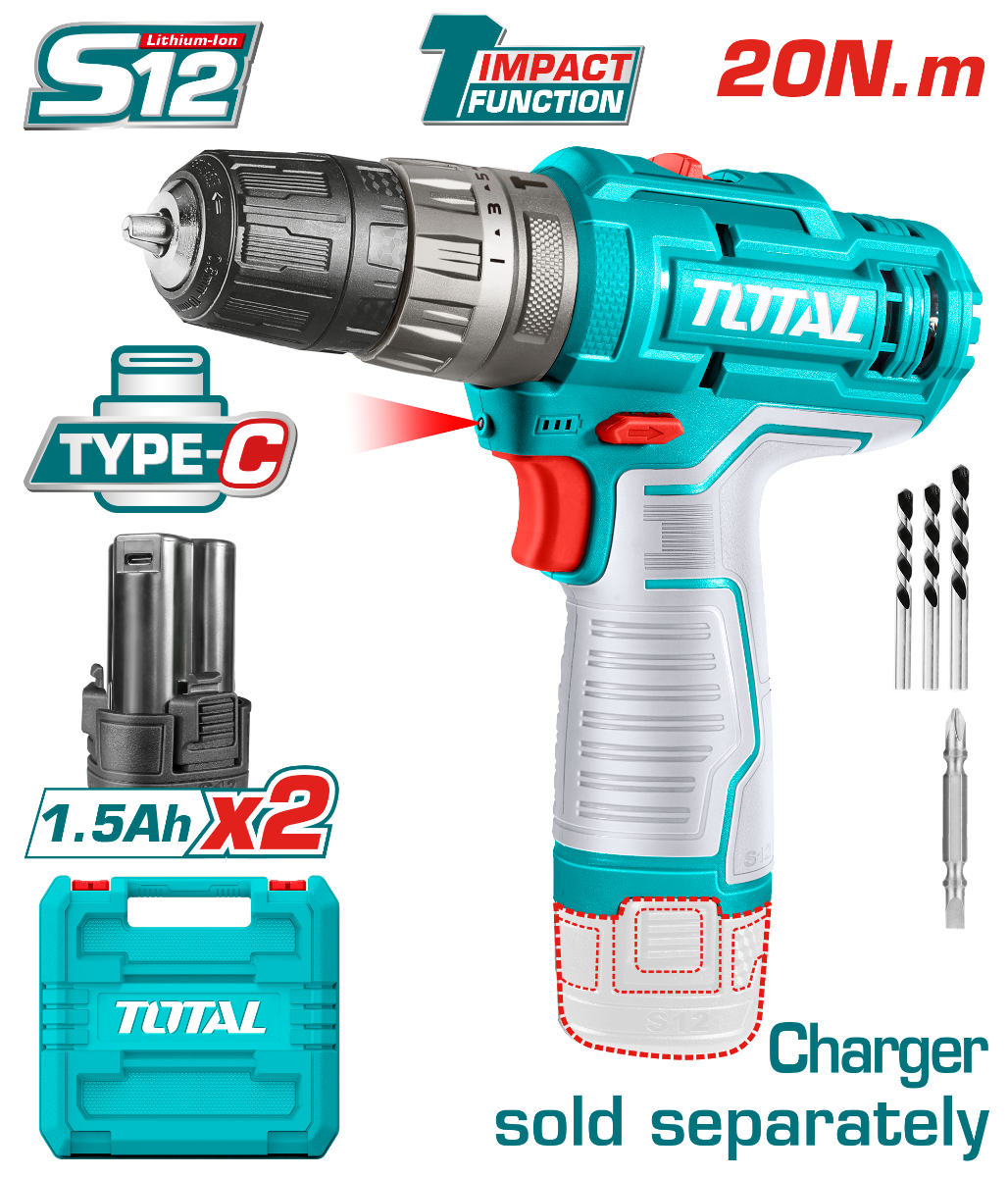 TOTAL 12V Cordless Impact Drill 20Nm 2 Batteries No Charger TOTAL 12V Cordless Impact Drill 20Nm 2 Batteries No Charger