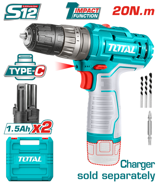 TOTAL 12V Cordless Impact Drill 20Nm 2 Batteries No Charger