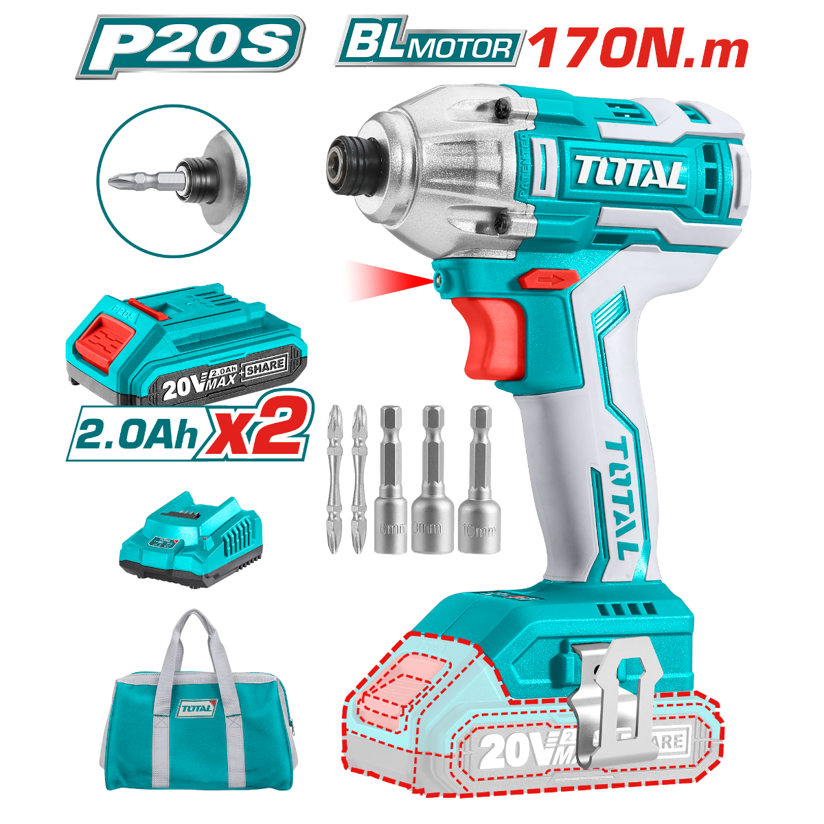 TOTAL 20V Brushless Cordless Impact Driver - Multi-Purpose TOTAL 20V Brushless Cordless Impact Driver - Multi-Purpose