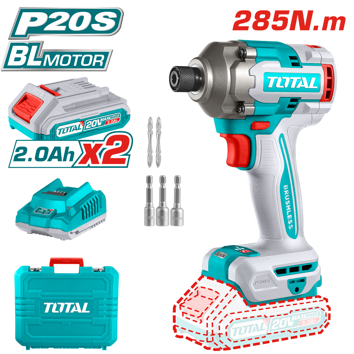 TOTAL 20V Cordless Impact Driver - 285Nm Torque, 2 Batteries