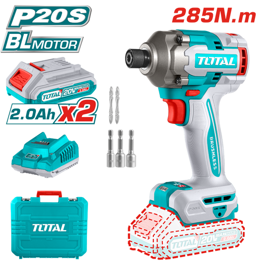TOTAL 20V Cordless Impact Driver - 285Nm Torque, 2 Batteries