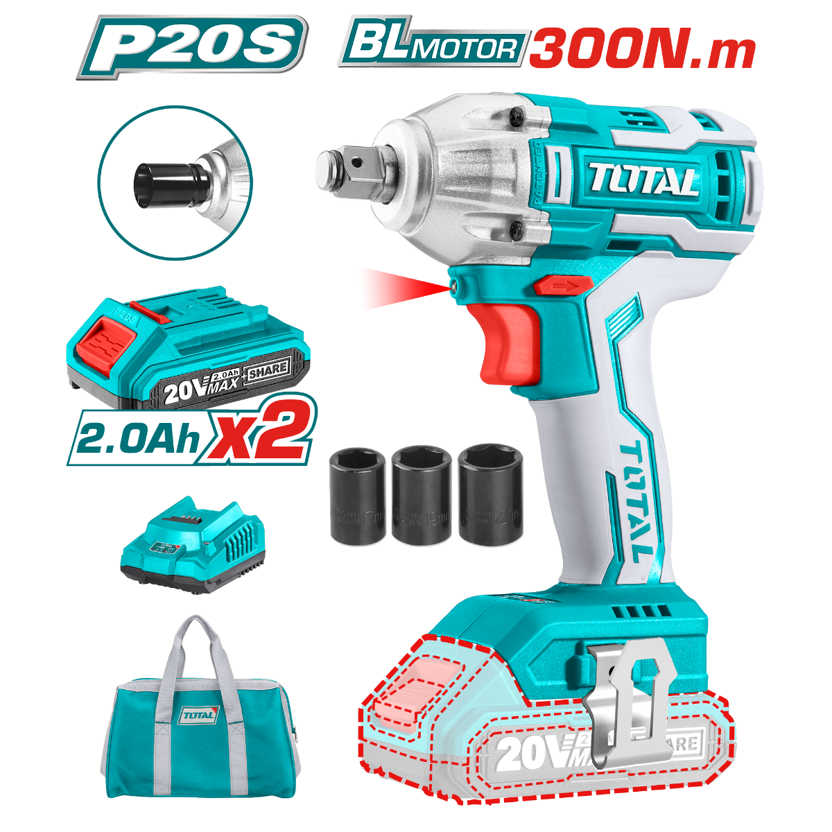 TOTAL 20V Cordless Impact Wrench - High Torque & Precision