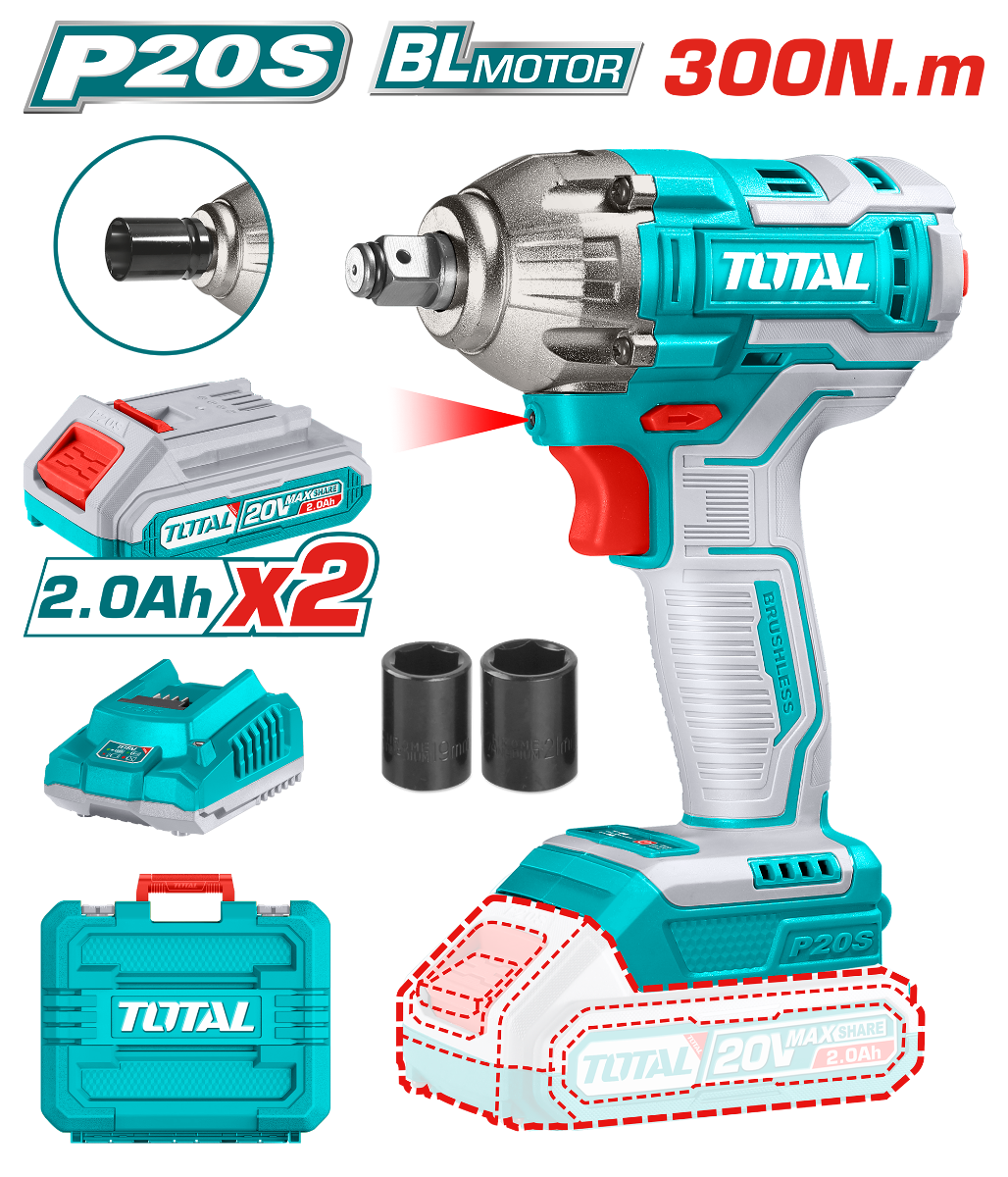 TOTAL 20V Cordless Impact Wrench - 300Nm Torque, 2 Batteries