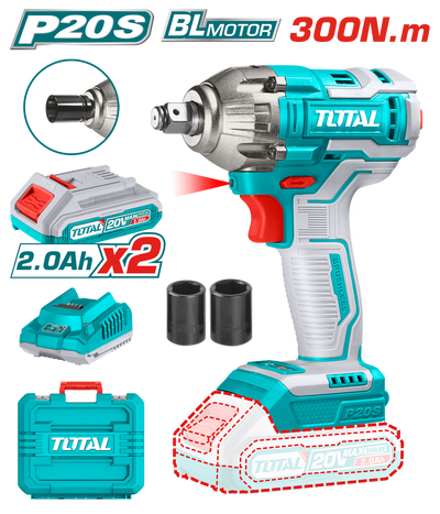 TOTAL 20V Cordless Impact Wrench - 300Nm Torque, 2 Batteries