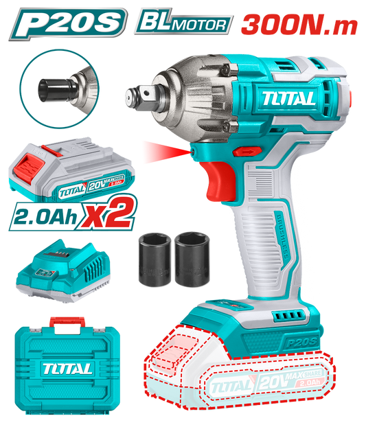 TOTAL 20V Cordless Impact Wrench - 300Nm Torque, 2 Batteries