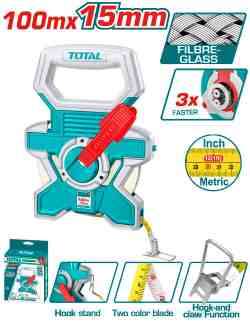 TOTAL 100m Fiberglass Measuring Tape with 3:1 Rewind - TMTF181006