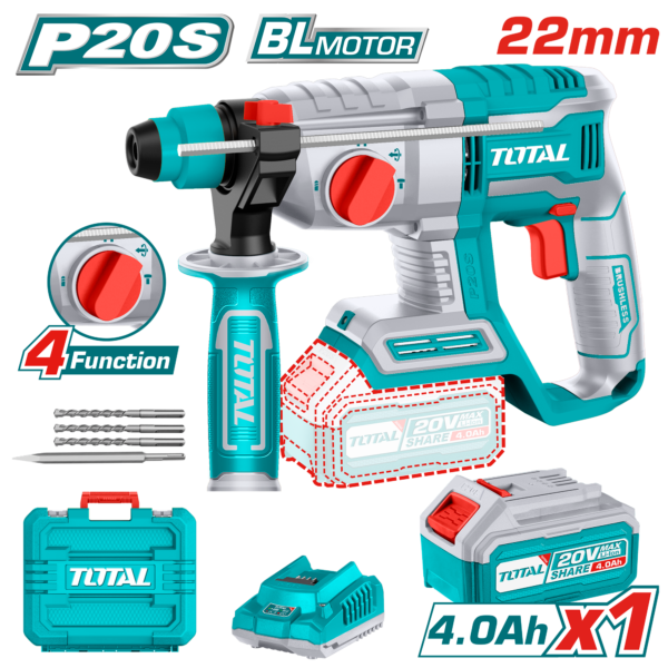 TOTAL 20V Rotary Hammer Kit TRHLI202081 – 4.0Ah Battery TOTAL 20V Rotary Hammer Kit TRHLI202081 – 4.0Ah Battery