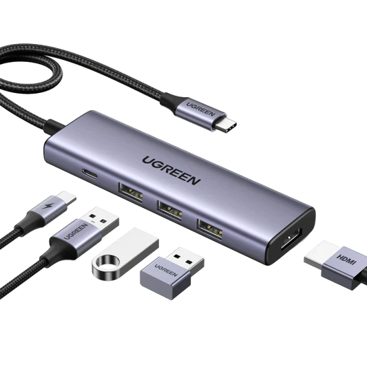 محول UGREEN USB-C: HDMI + 3 USB + PD شحن سريع 100 واط