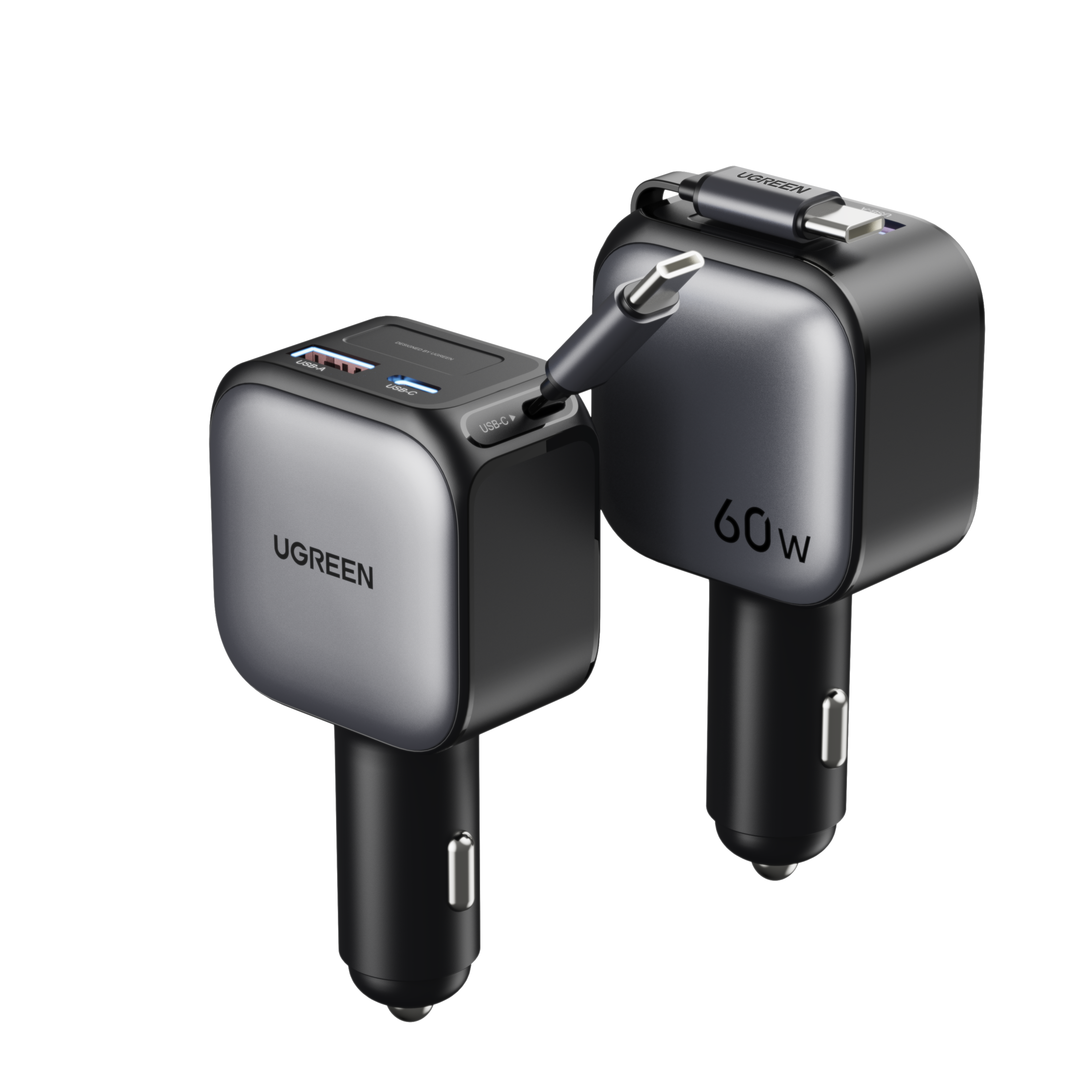 UGREEN 60W Fast Car Charger with Retractable Cable - 55212B