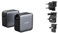 شاحن سفر سريع UGREEN بتقنية GaN بقوة 65 واط، بمنفذي USB-A و2 USB-C، مع مقابس قابلة للتبديل للمملكة المتحدة والولايات المتحدة والاتحاد الأوروبي، للاستخدام في جميع أنحاء العالم