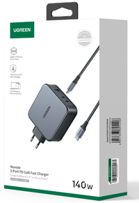شاحن سريع يوجرين بمنفذ USB-A ومنفذي USB-C بقدرة 140 واط وتقنية جان (GaN) مع كابل من نوع C إلى C بطول 1.5 متر، لون رمادي، قابس أوروبي
