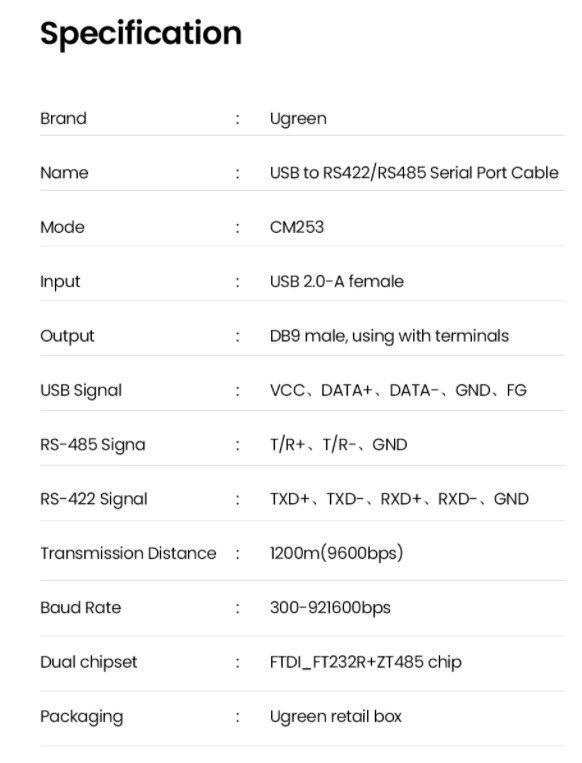 UGREEN USB 2.0 to 422/485 Adapter Cable 1.5m