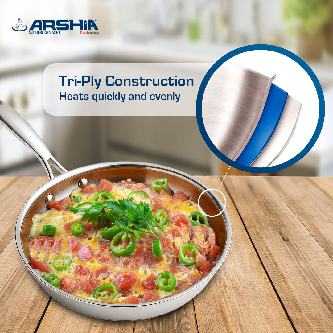 Arshia 24cm Tri-Ply Stainless Steel Frying Pan with Aluminum Core