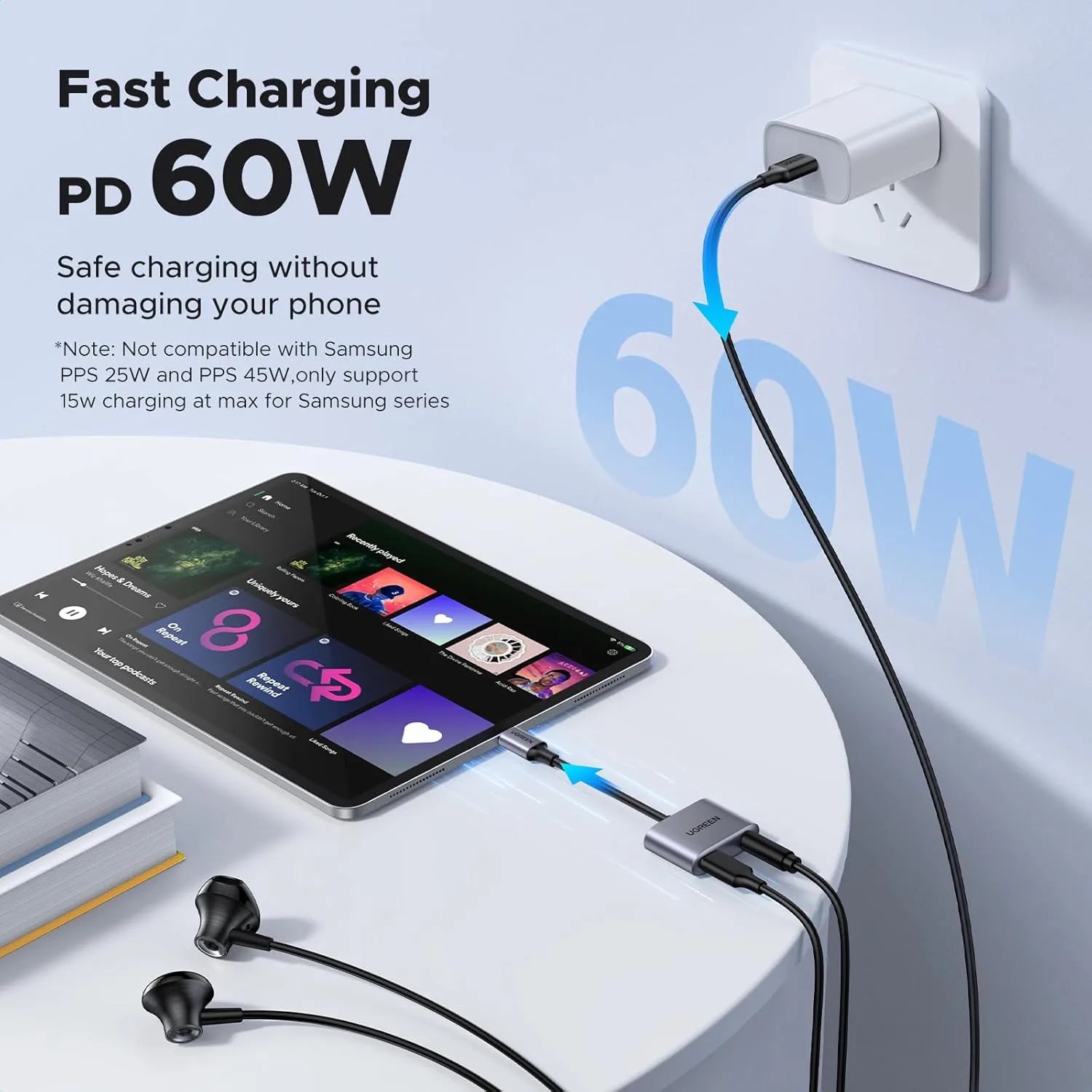 محول يوجرين  – USB-C إلى 3.5mm + شحن سريع 60W 