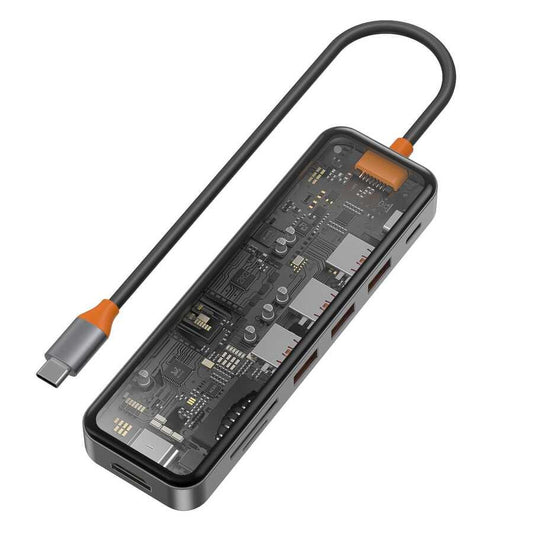 موزع Wiwu Cyber ​​7 في 1 من النوع C بقدرة 100 وات يدعم الشحن بمظهر شفاف وبطاقة SD وجهاز نسخ HDMI وUSB