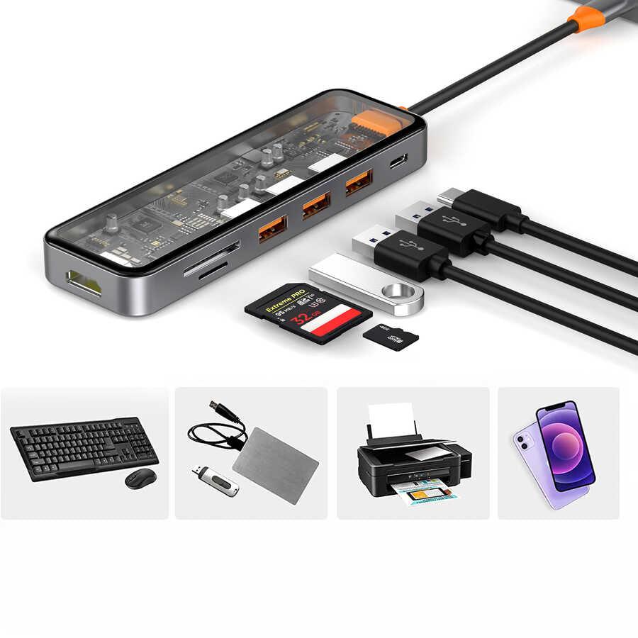 موزع Wiwu Cyber ​​7 في 1 من النوع C بقدرة 100 وات يدعم الشحن بمظهر شفاف وبطاقة SD وجهاز نسخ HDMI وUSB