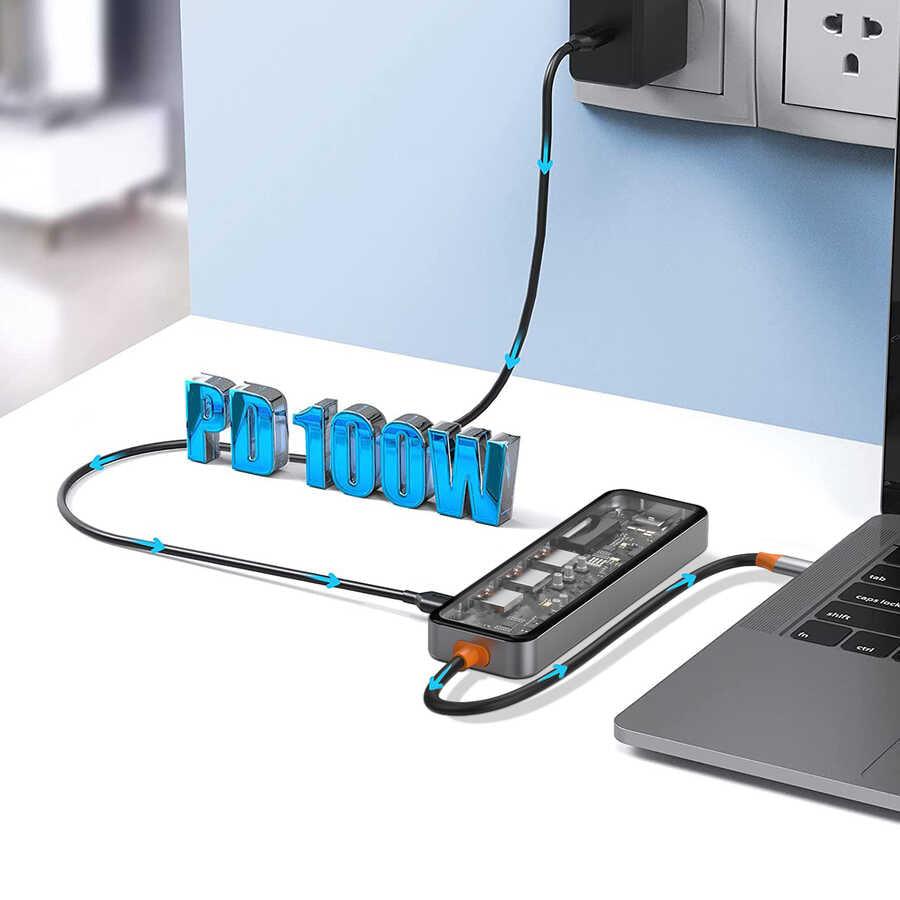 موزع Wiwu Cyber ​​7 في 1 من النوع C بقدرة 100 وات يدعم الشحن بمظهر شفاف وبطاقة SD وجهاز نسخ HDMI وUSB