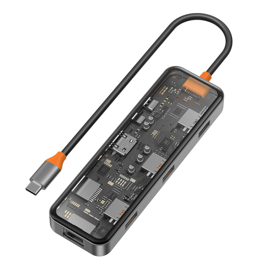 موزع Wiwu Cyber ​​8 في 1 من النوع C بقدرة 100 وات يدعم الشحن بمظهر شفاف وبطاقة SD وRJ45 وHdmi وUsb