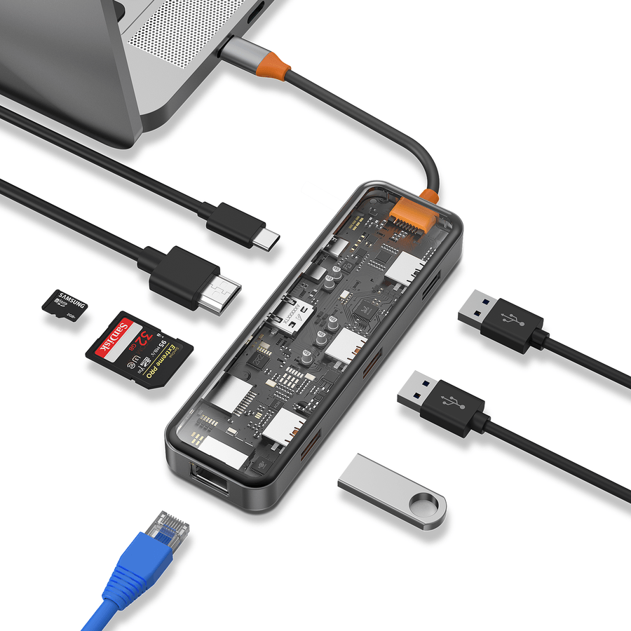 Wiwu Cyber 8 in 1 Type-C Hub 100W Charging Support Transparent Appearance SD Card-RJ45-Hdmi-Usb Duplicator
