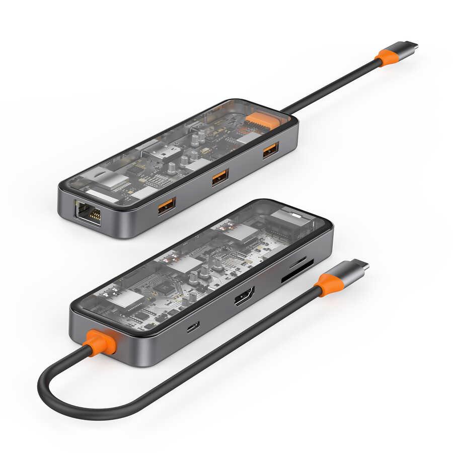 Wiwu Cyber 8 in 1 Type-C Hub 100W Charging Support Transparent Appearance SD Card-RJ45-Hdmi-Usb Duplicator