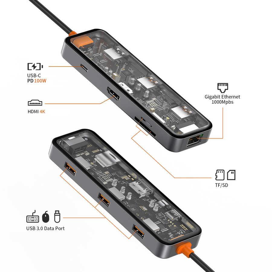 Wiwu Cyber 8 in 1 Type-C Hub 100W Charging Support Transparent Appearance SD Card-RJ45-Hdmi-Usb Duplicator
