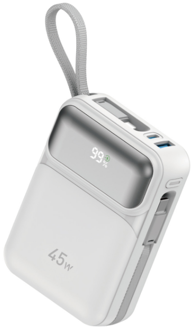 WIWU PC108 Galaxy Power Bank – 20000mAh, 45W USB-C, Built-in USB-C & Lightning Cables, White