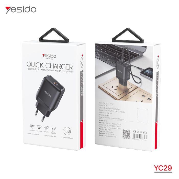 YESIDO YC29 25W PD Wall Charger -Type-C for Samsung & iPhone