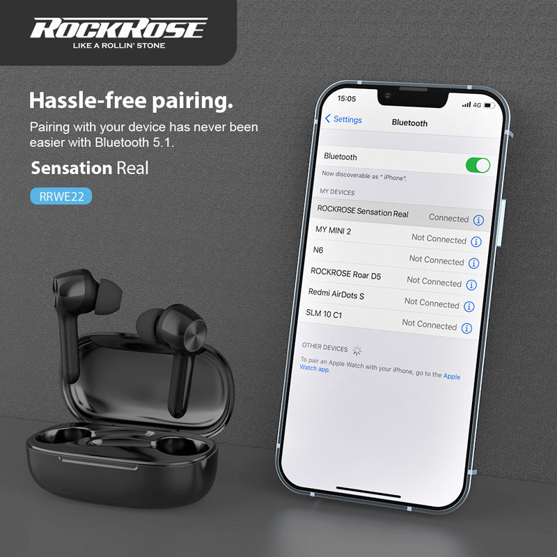 Rockrose Sensation Real In-ear Bluetooth Handsfree Sweatproof Headphones with Charging Case Black