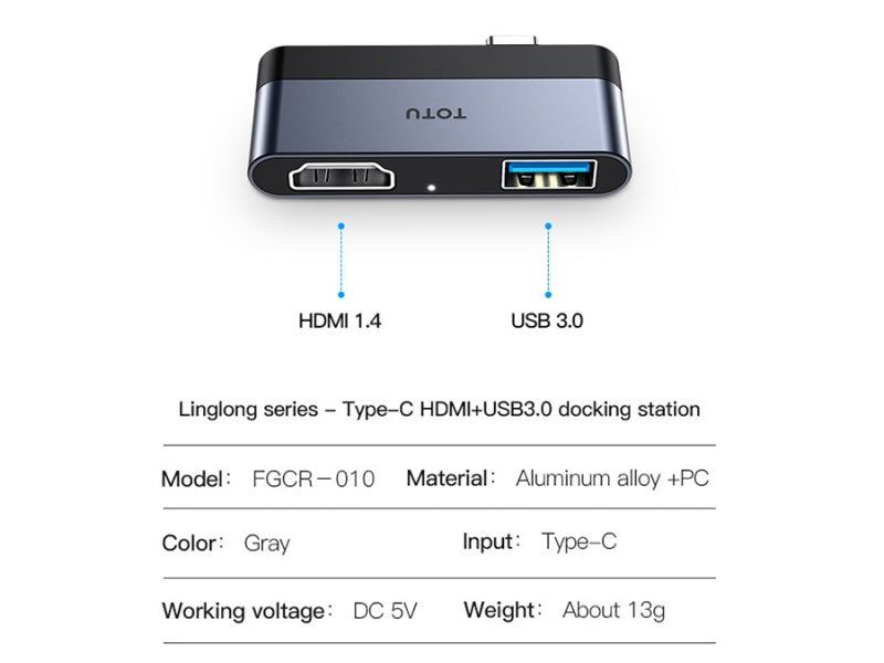 TOTU FGCR-010 Linglong Series 2 in 1 USB-C / Type-C to HDMI + USB 3.0 Docking Station