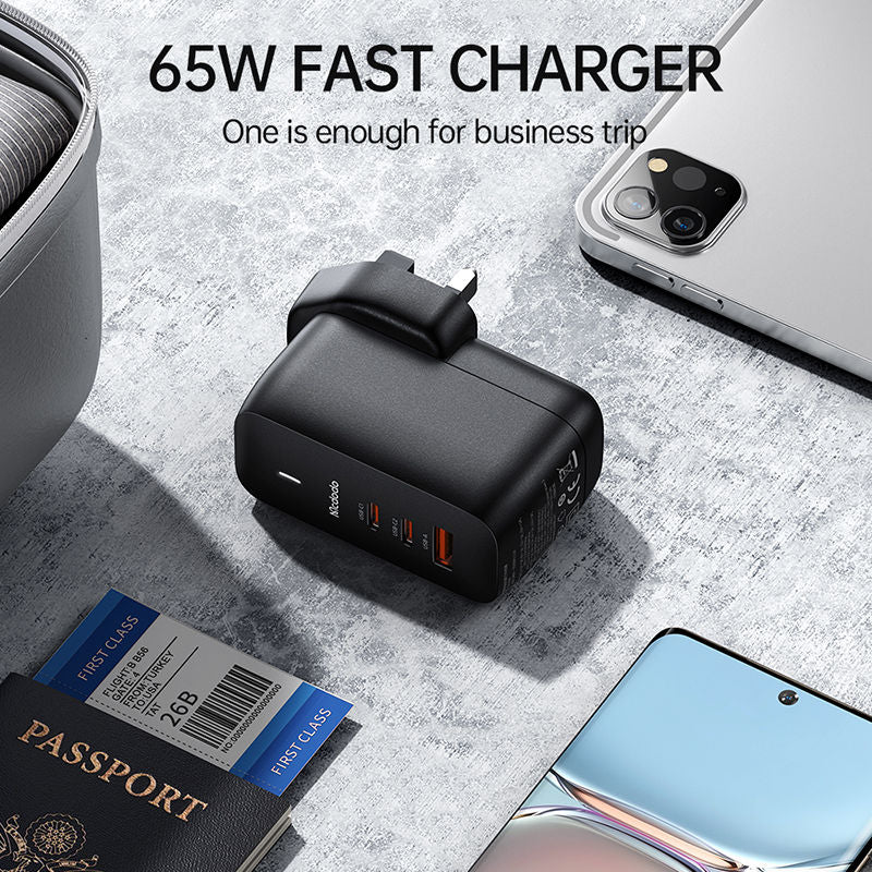 Mcdodo Convertible 65W GaN Dual Type-C + USB Fast Charger (US/ EU/ UK) With 2FT 60W Type-C To Type-C Data Charger Cable Set.