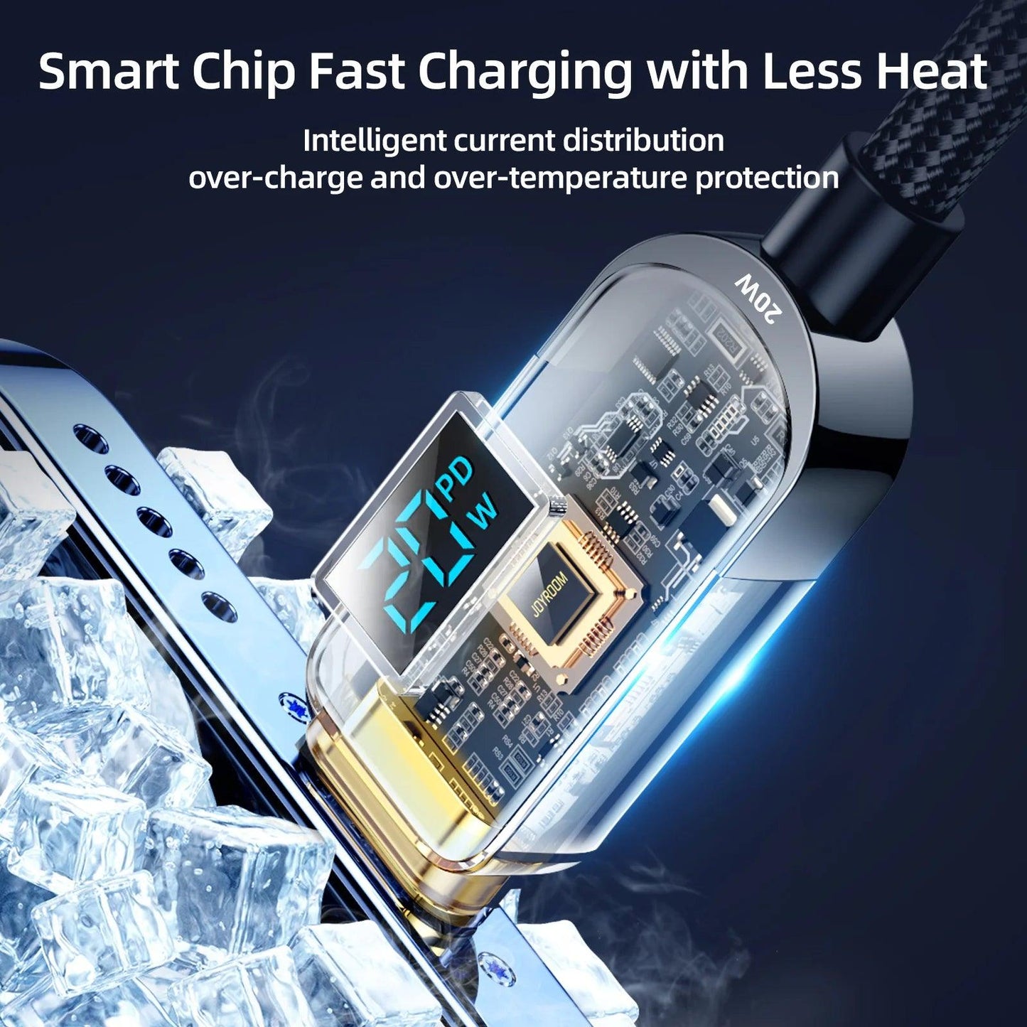 كابل شحن سريع جوي روم 20 وات بشاشة رقمية 1.2 متر تايب سي  - أسود