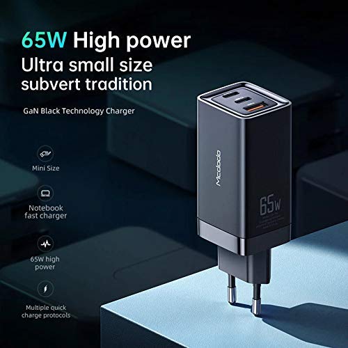 Mcdodo High Power USB C Type C 65W GAN Wall Fast Charger with 2 USB C Ports PD 3.0 AFC SCP Black